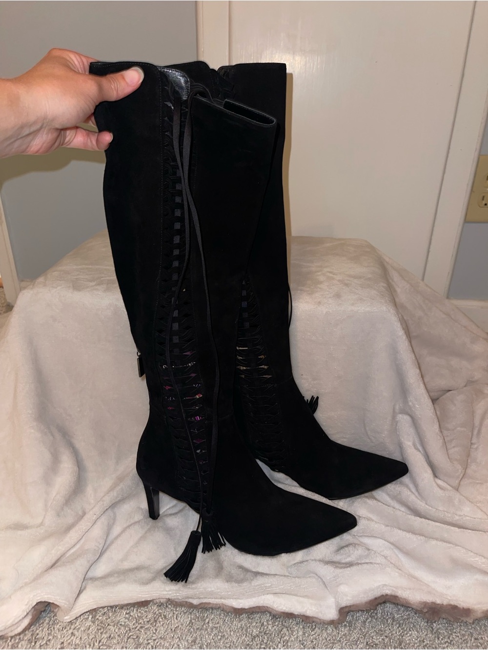 Giorgio Armani Black Suede Knee-High Stiletto Boots EU 39.5 Tassel Lace-Up